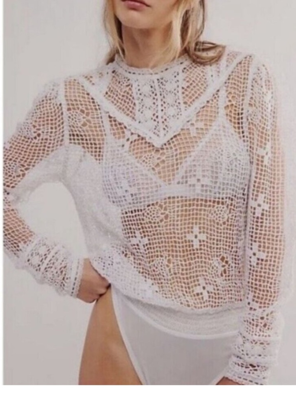 Free People Intimately 70s style Crochet Long-Sleeve Sheer Bodysuit - Picture 2 of 11